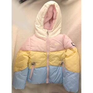 DKNY Sport Toddler Girls Puffer Jacket 3T Pastel Colorblock‎ Hooded Faux Fur...